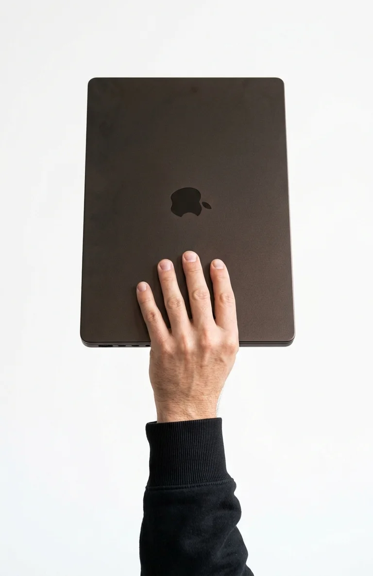 Hand holding a Space Black MacBook
