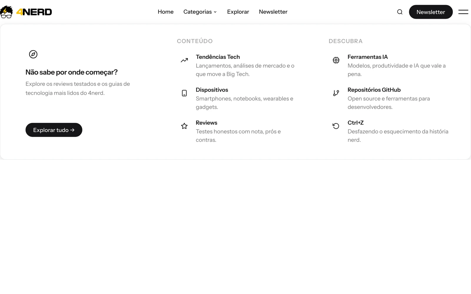 4nerd website — Categorias mega-menu showing all five content categories