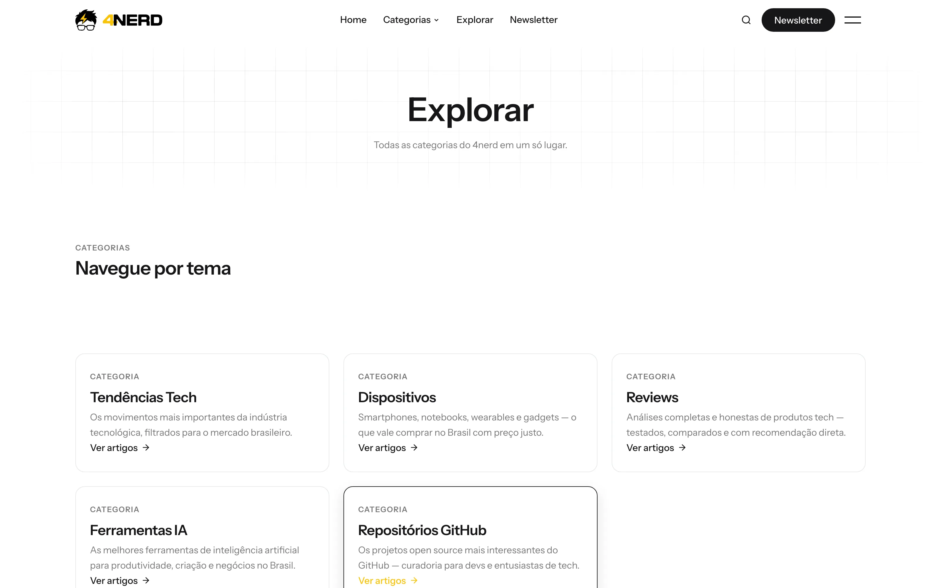 4nerd website — Explorar page, category browsing hub