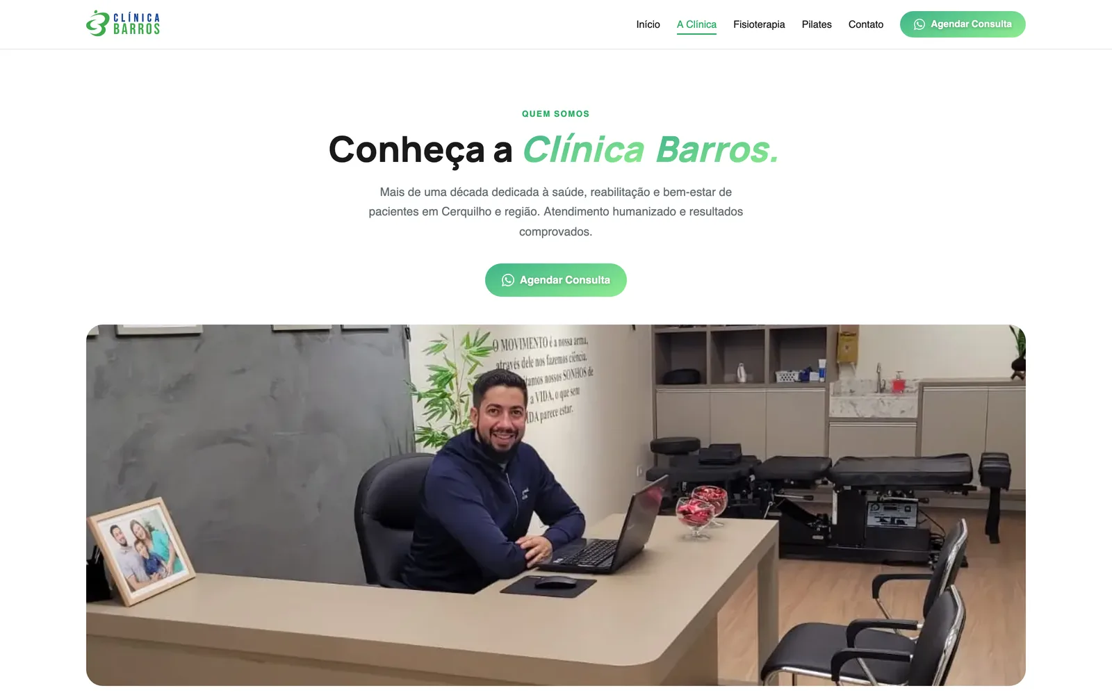 Clinica Barros website — A Clínica (About) page with team photo and credentials