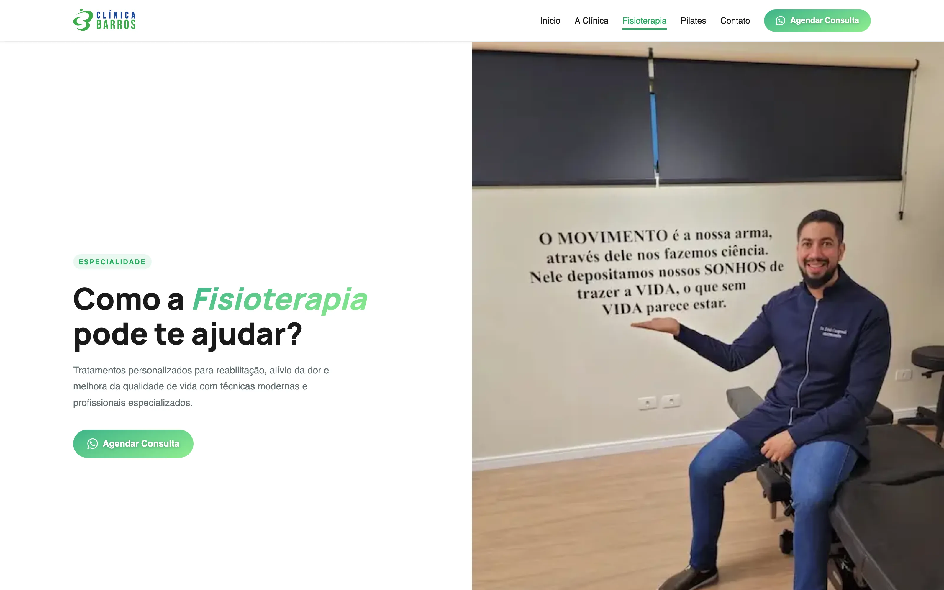 Clinica Barros website — Fisioterapia page, Agendar Consulta booking CTA