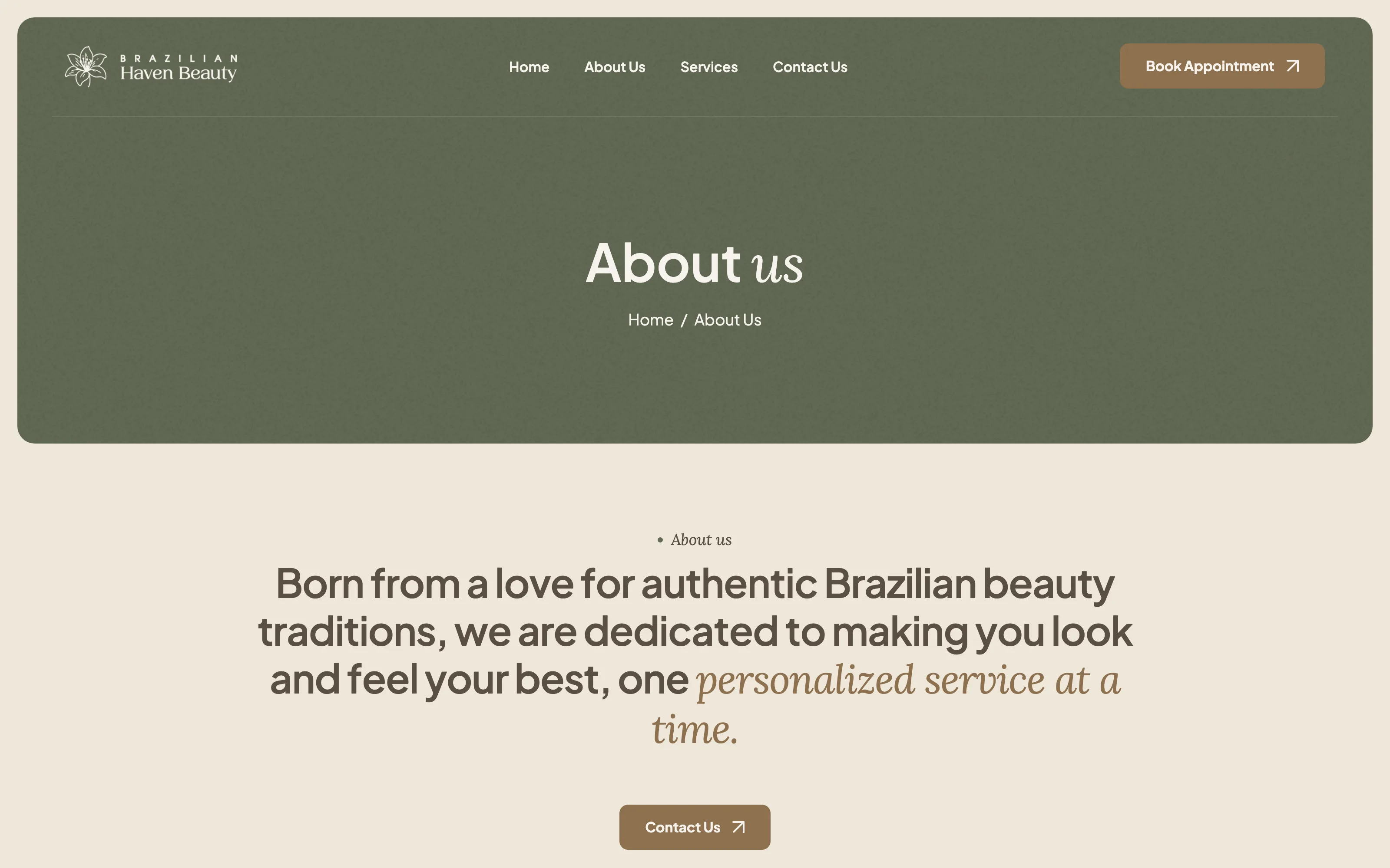 Brazilian Haven Beauty website — About Us page