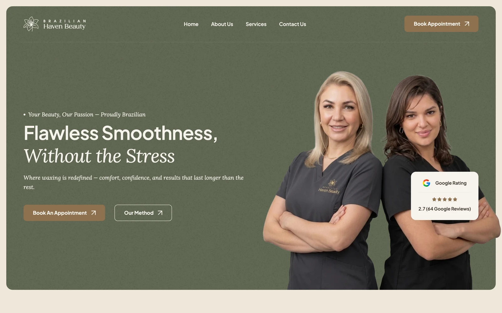 Brazilian Haven Beauty website — blog post page with the Book Appointment CTA in the header
