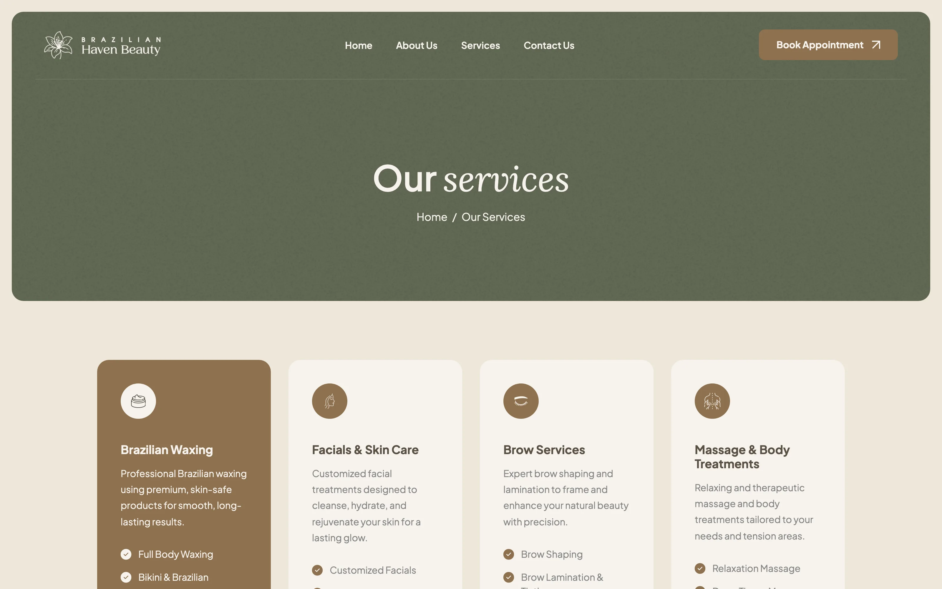 Brazilian Haven Beauty website — Our Services page, four treatment categories