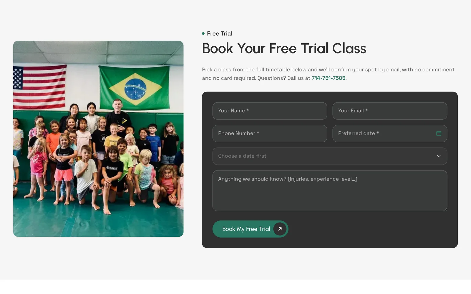 Boran Jiu-Jitsu website — Schedule & Free Trial page, Book Your Free Trial Class form