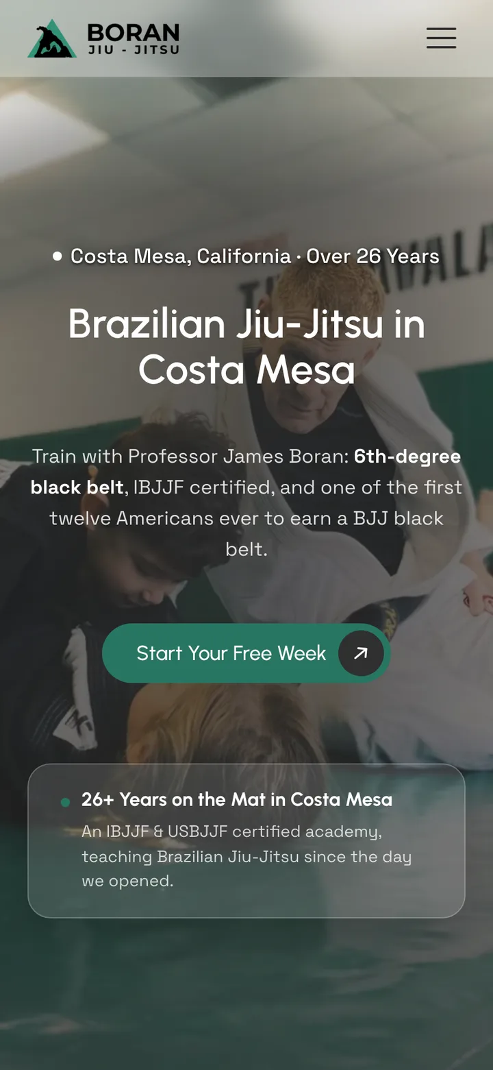 Boran Jiu-Jitsu website shown on a mobile phone