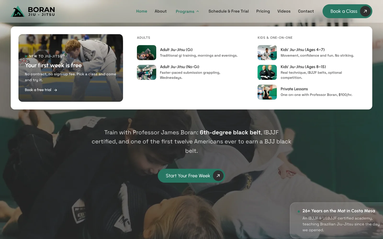 Boran Jiu-Jitsu website — Programs mega-menu open, all five class links with the free-trial callout