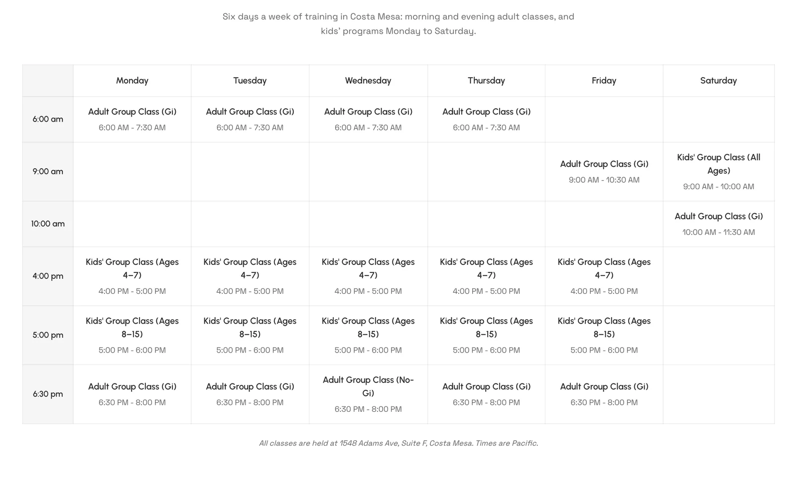 Boran Jiu-Jitsu website — Schedule & Free Trial page, weekly class timetable