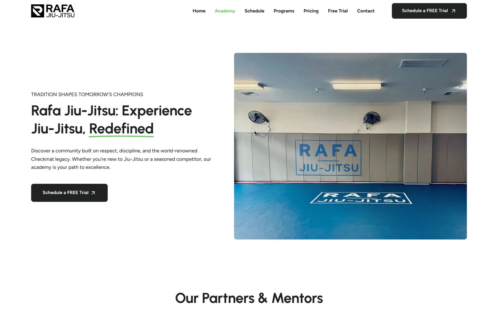 Rafa Jiu-Jitsu website — Academy page, credentials and Checkmat legacy