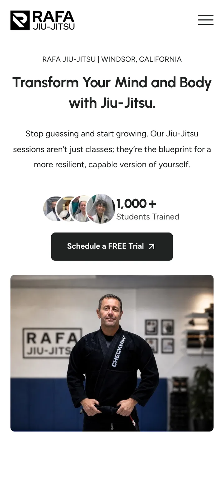 Rafa Jiu-Jitsu website shown on a mobile phone