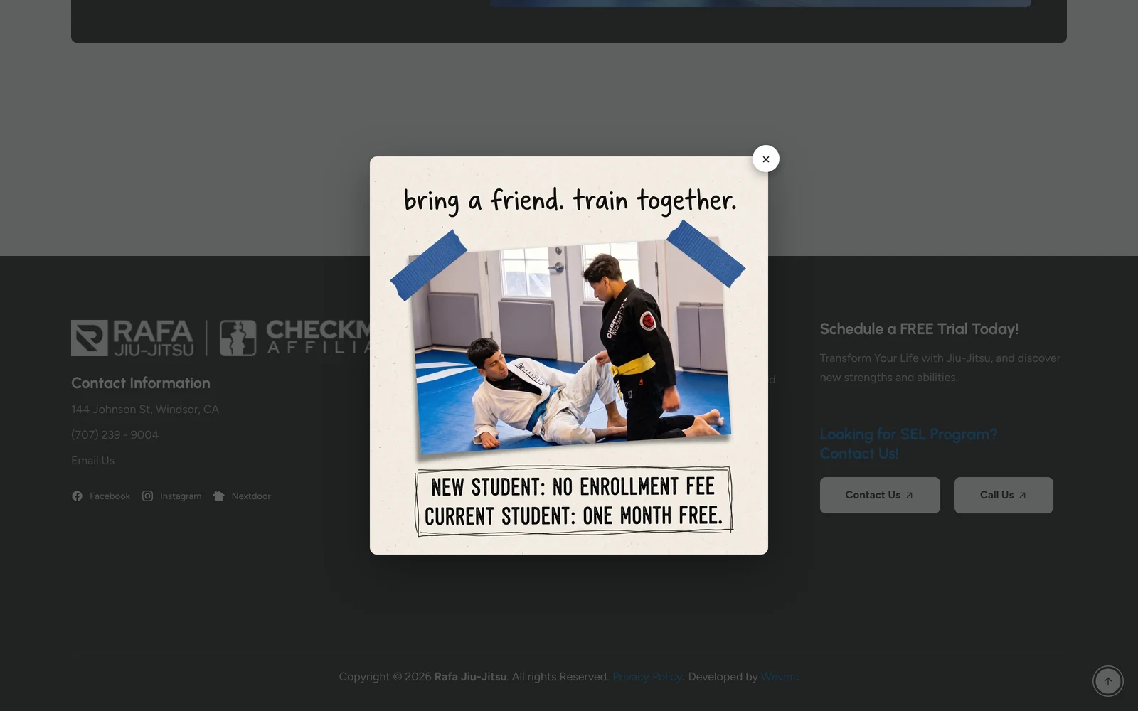 Rafa Jiu-Jitsu website — discount popup, live on the site