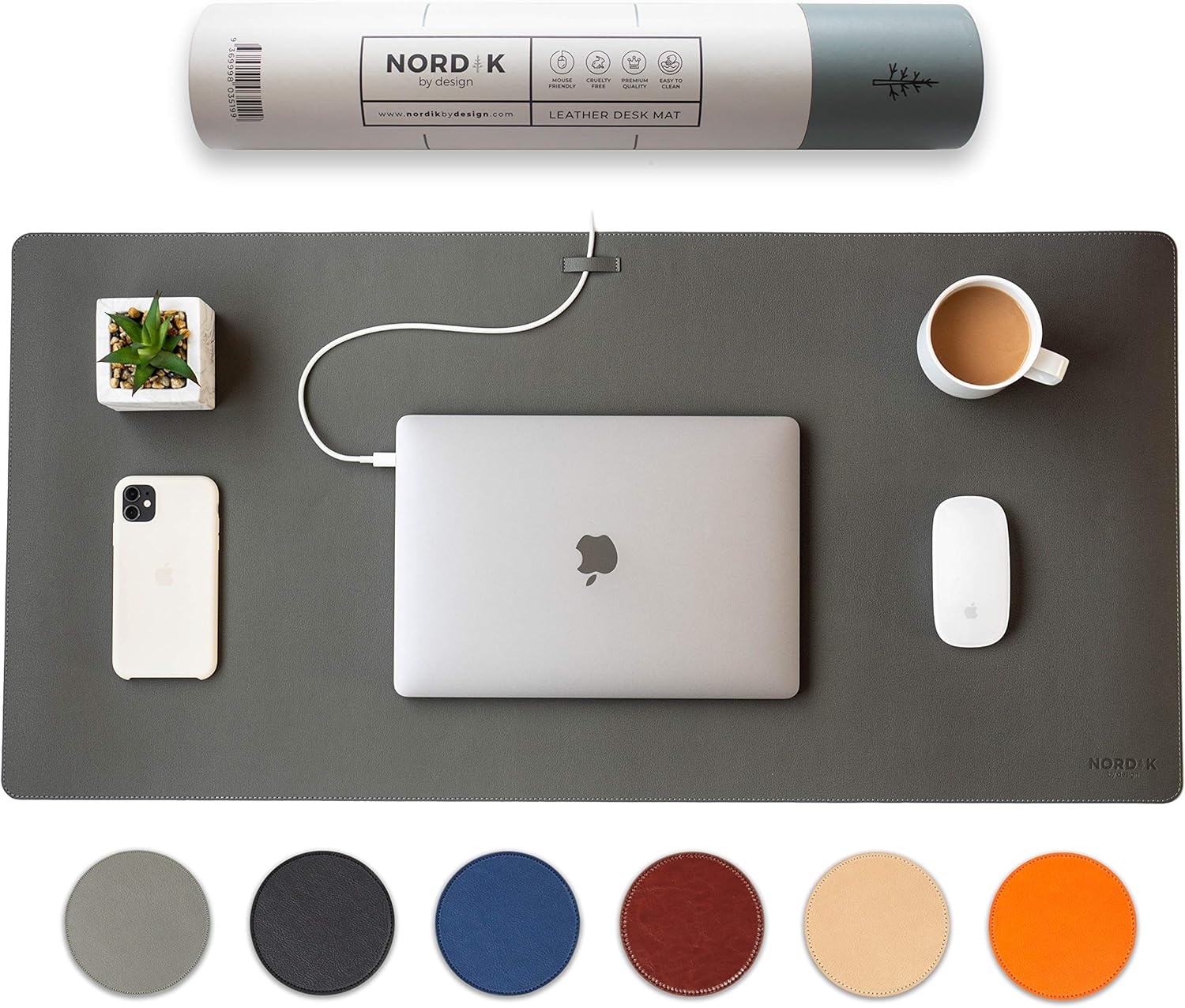 Nordik Leather Desk Mat — Premium Vegan Leather, 35×17", Cable Organizer