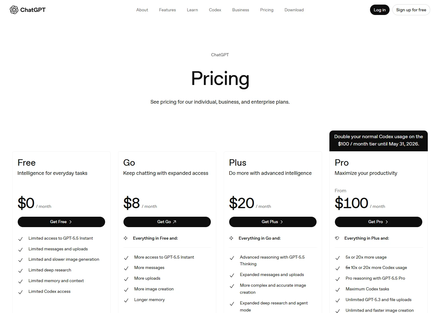 ChatGPT pricing page showing Free, Go, Plus, and Pro plans
