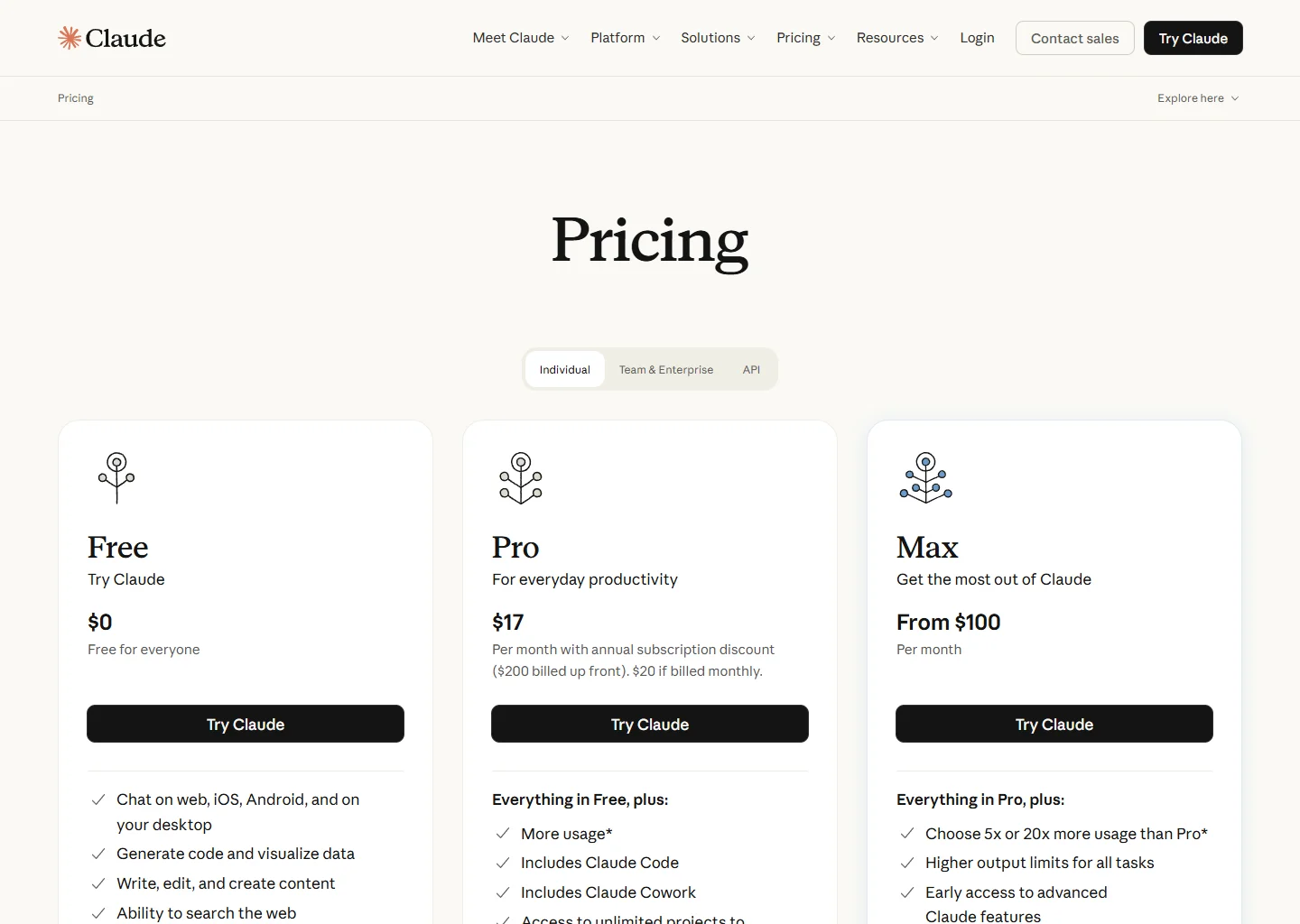 Claude pricing page showing Free, Pro, and Max plans