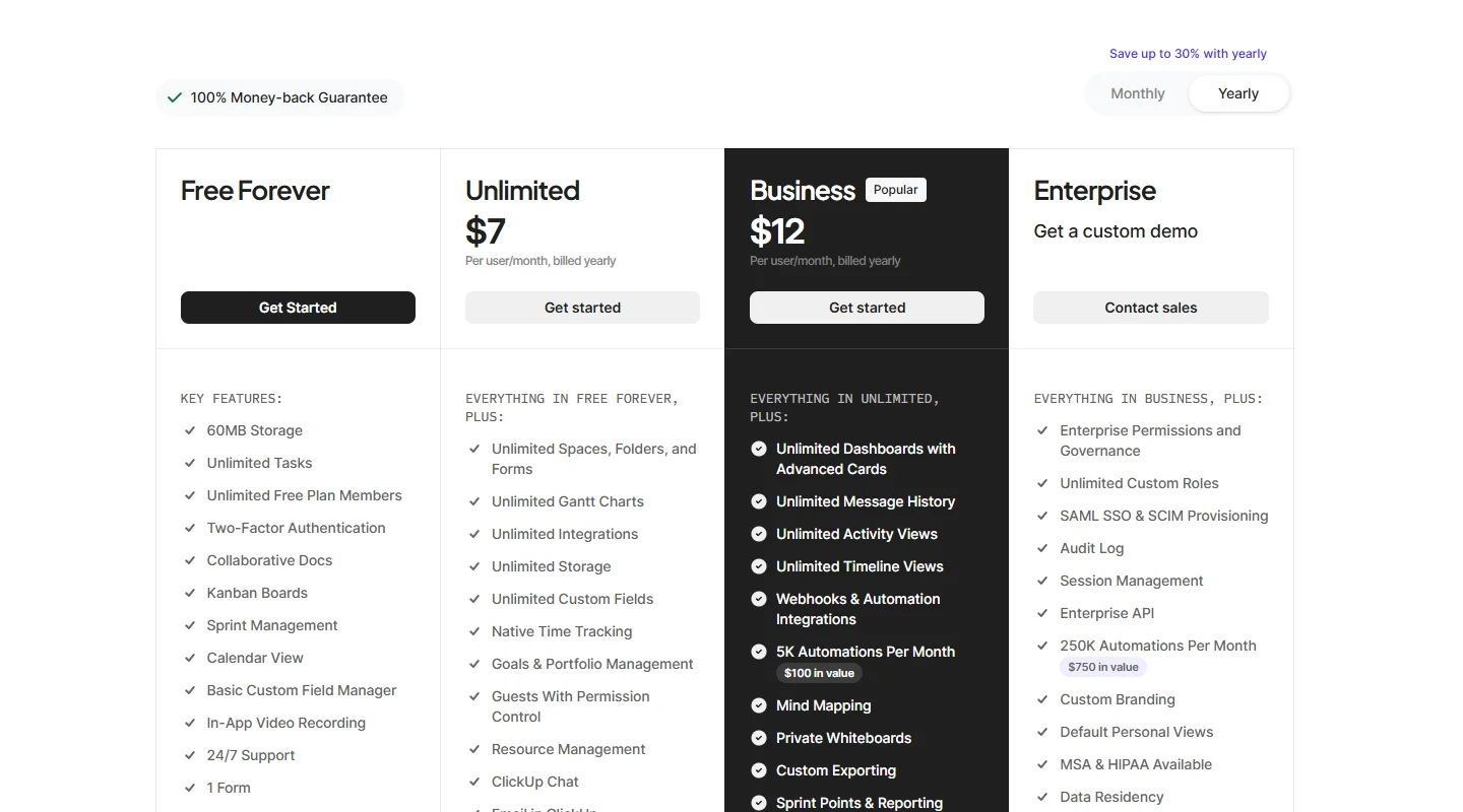 ClickUp pricing page showing Free, Unlimited, Business, and Enterprise plans