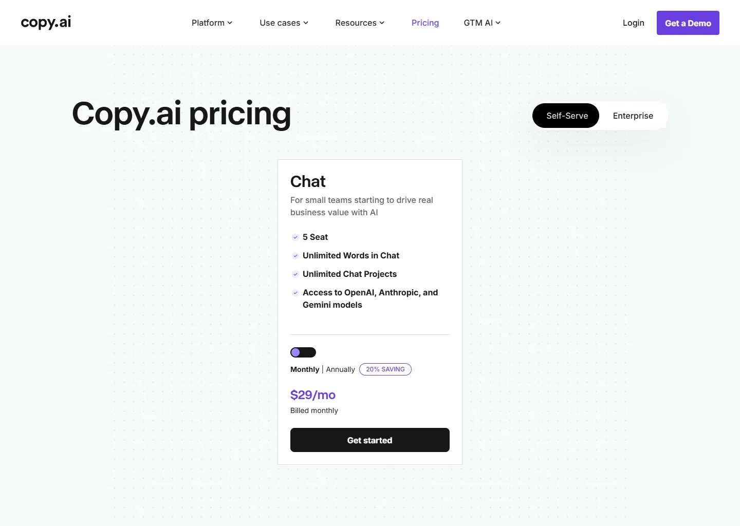 Copy.ai pricing page showing the Chat plan at $29/mo