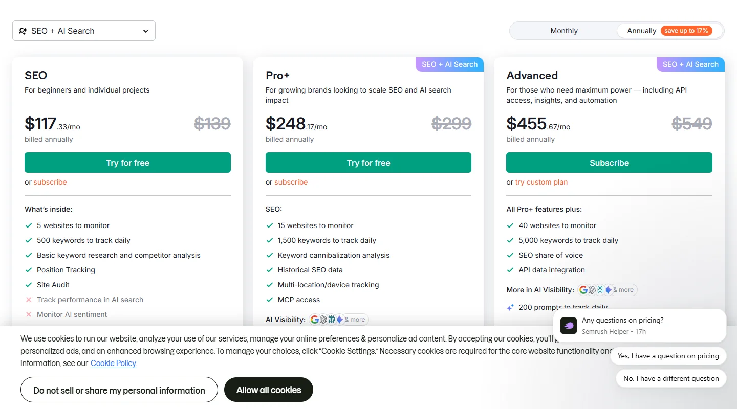 Semrush pricing page showing Pro, Guru, and Business plans